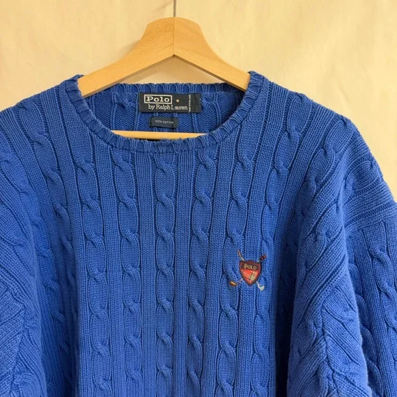 Polo Ralph Lauren Blue Cable Knit Chunk Sweater Mens XL Golf Crest Ivy Vintage - Picture 2 of 9